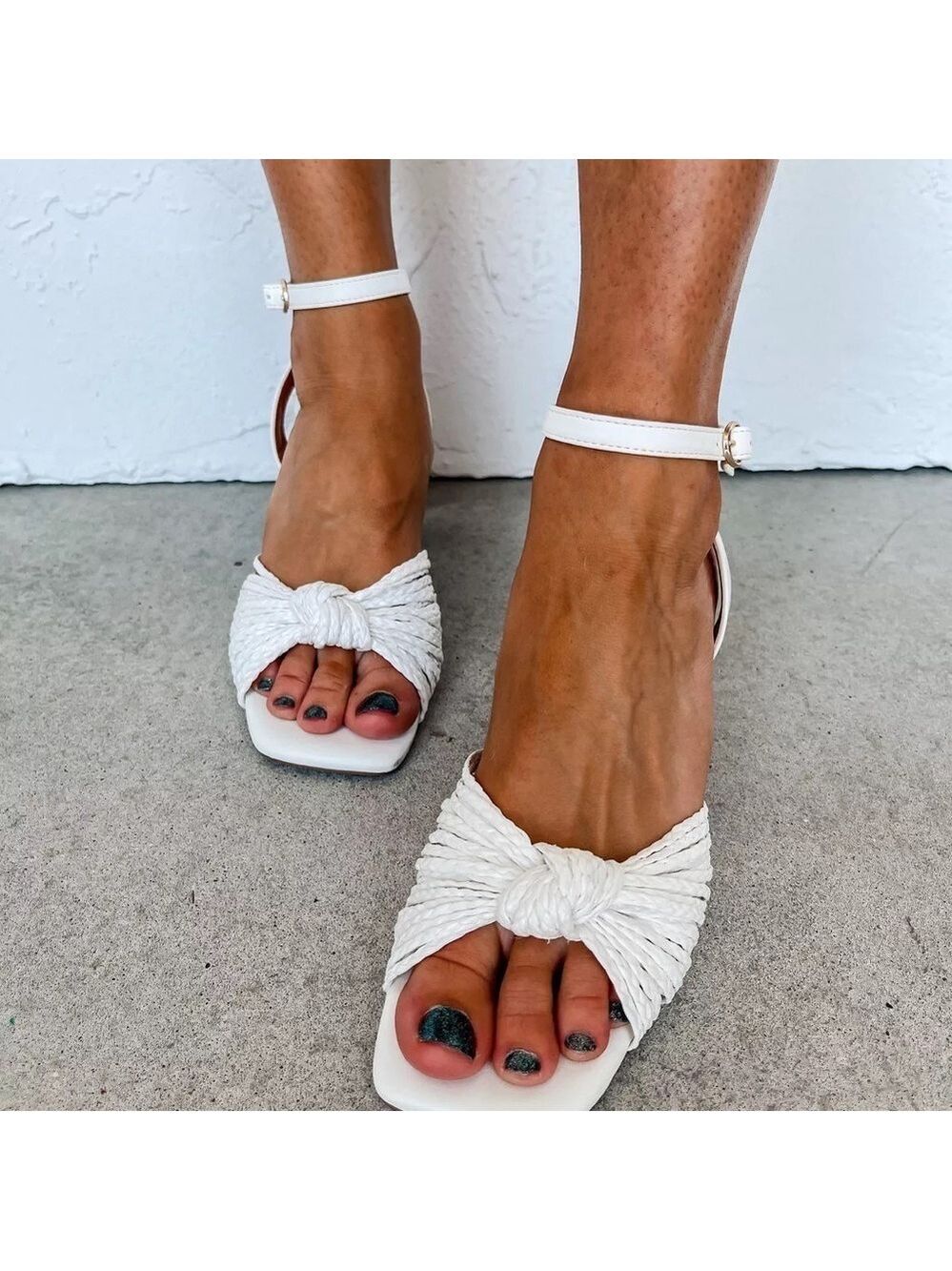 Ccocci Joyce Raffia Knotted Square Toe Block Heel Strappy Sandal